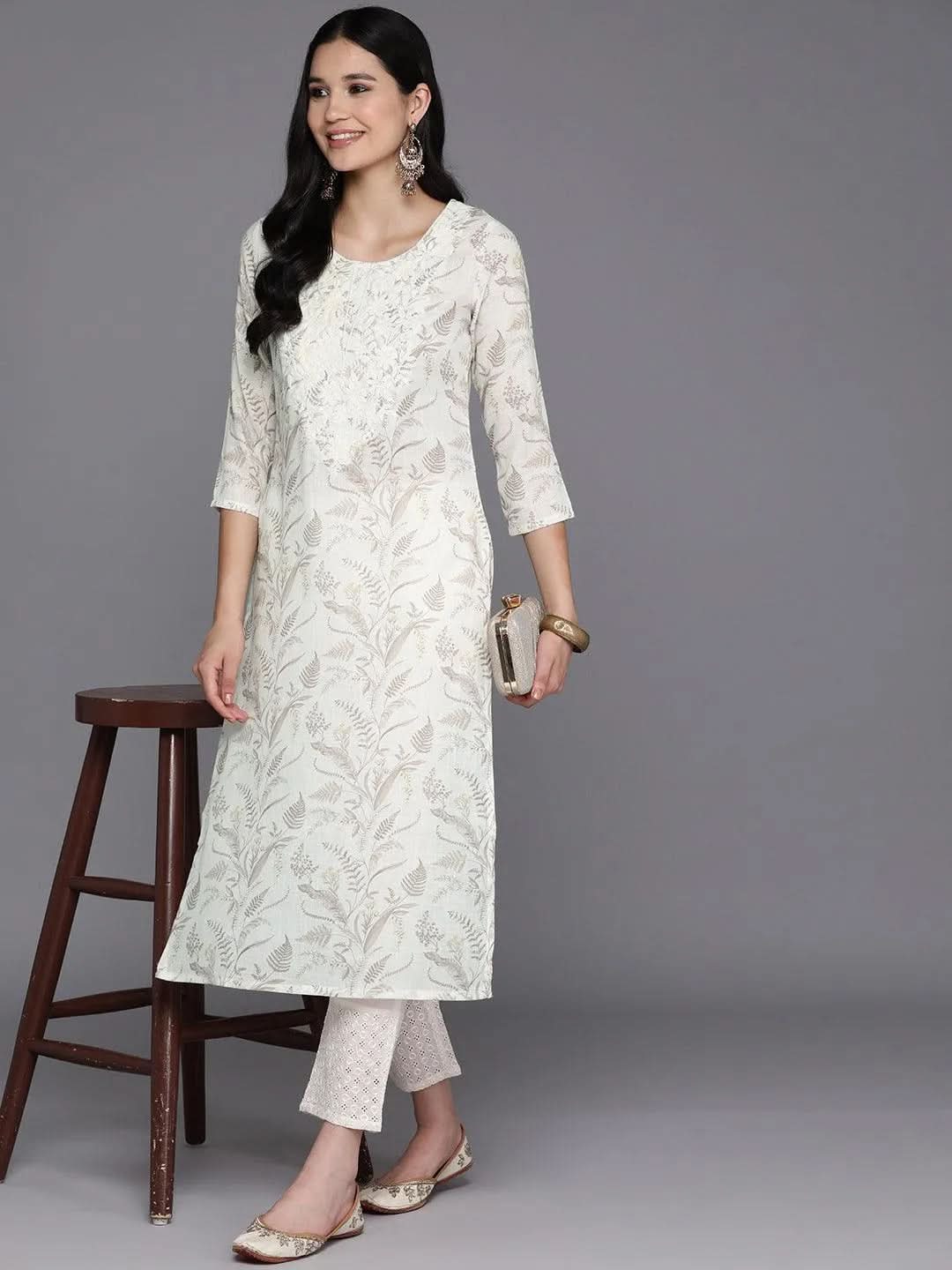 Off White Printed Cotton Straight Kurta - Libas 