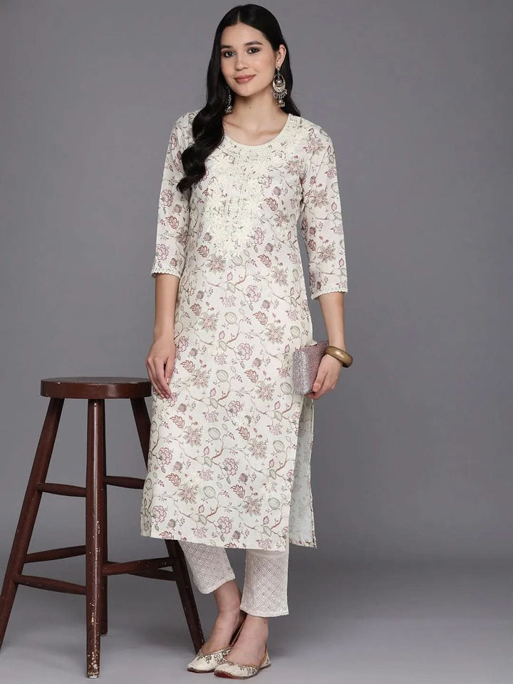 Off White Printed Cotton Straight Kurta - Libas