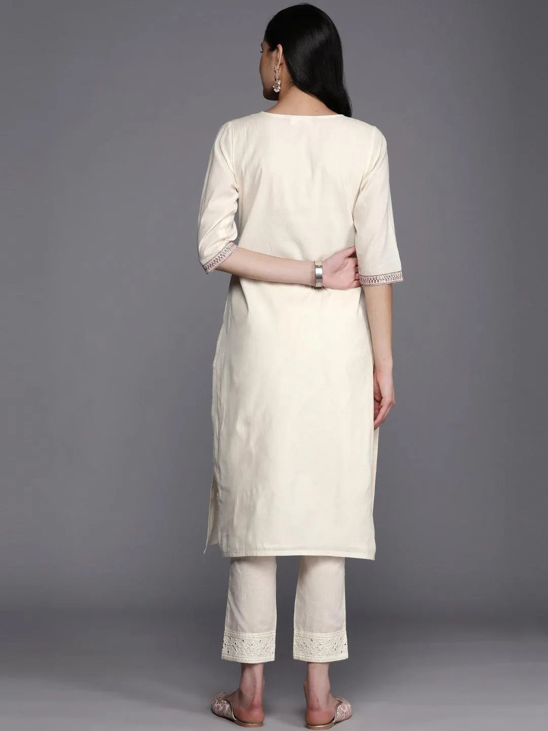 Off White Printed Cotton Straight Kurta - Libas