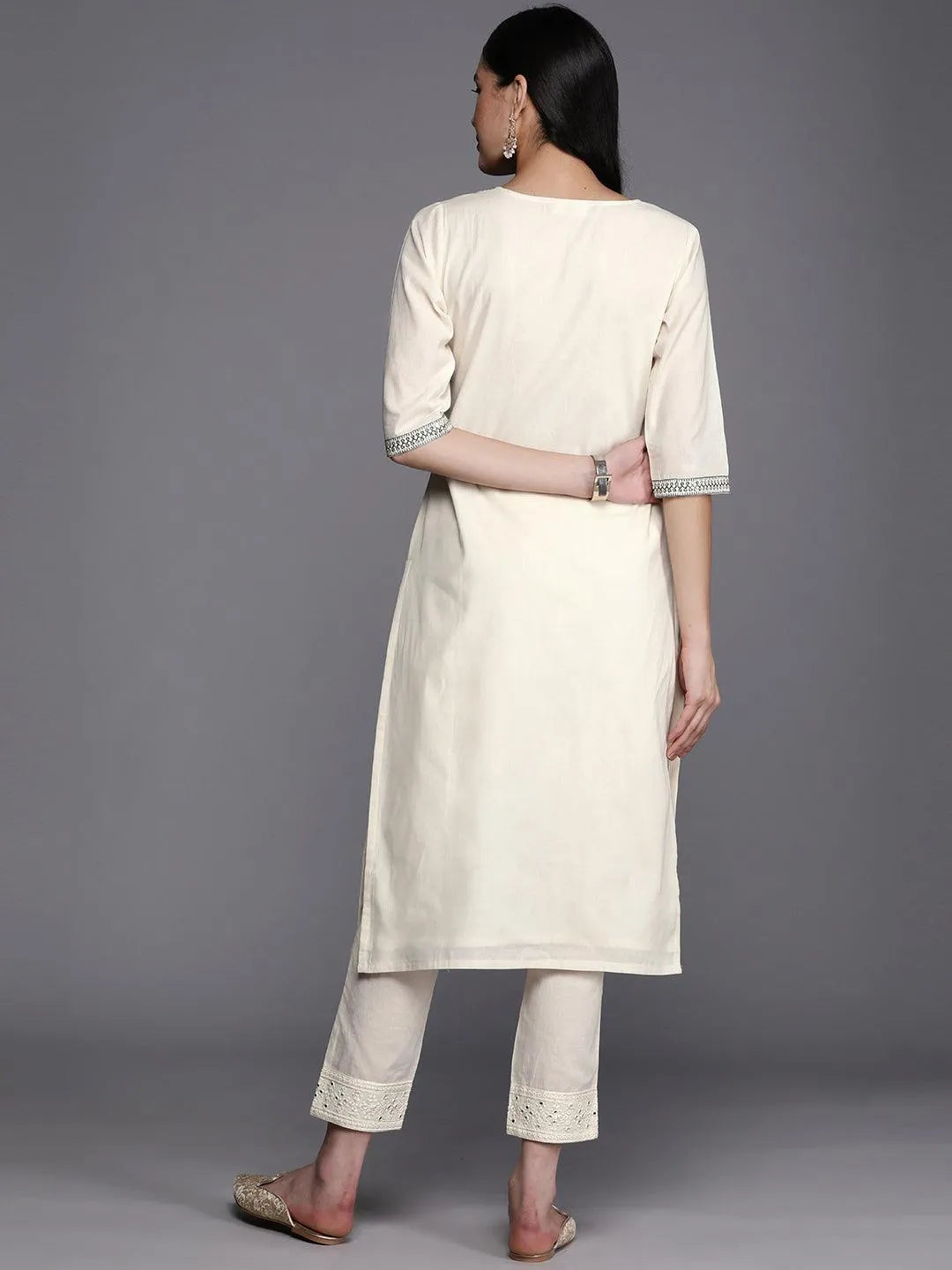 Off White Printed Cotton Straight Kurta - Libas 