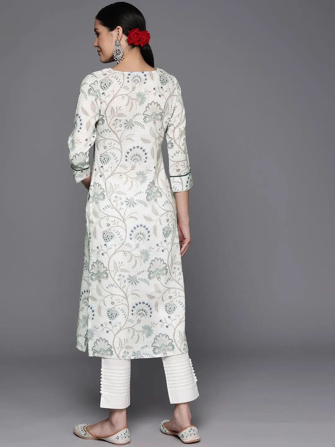 Off White Printed Cotton Straight Kurta - Libas 