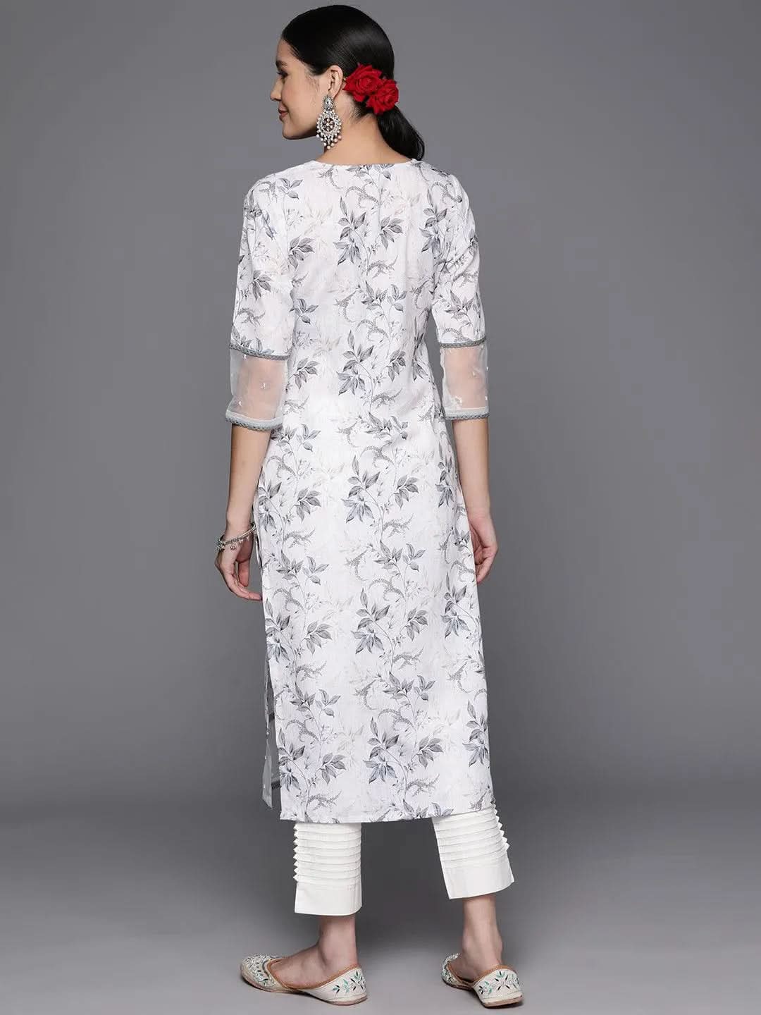 Off White Printed Cotton Straight Kurta - Libas 