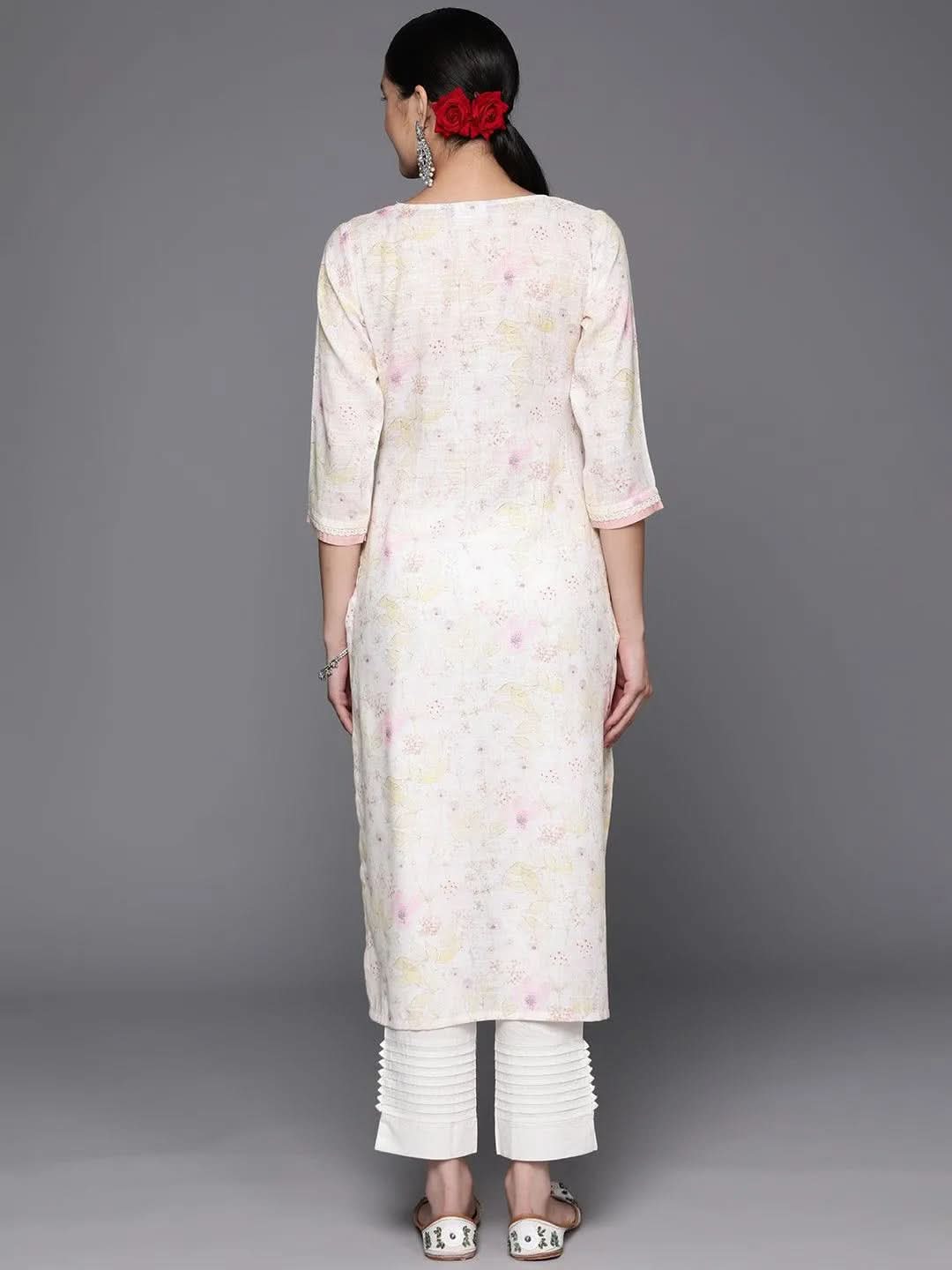 Off White Printed Cotton Straight Kurta - Libas 