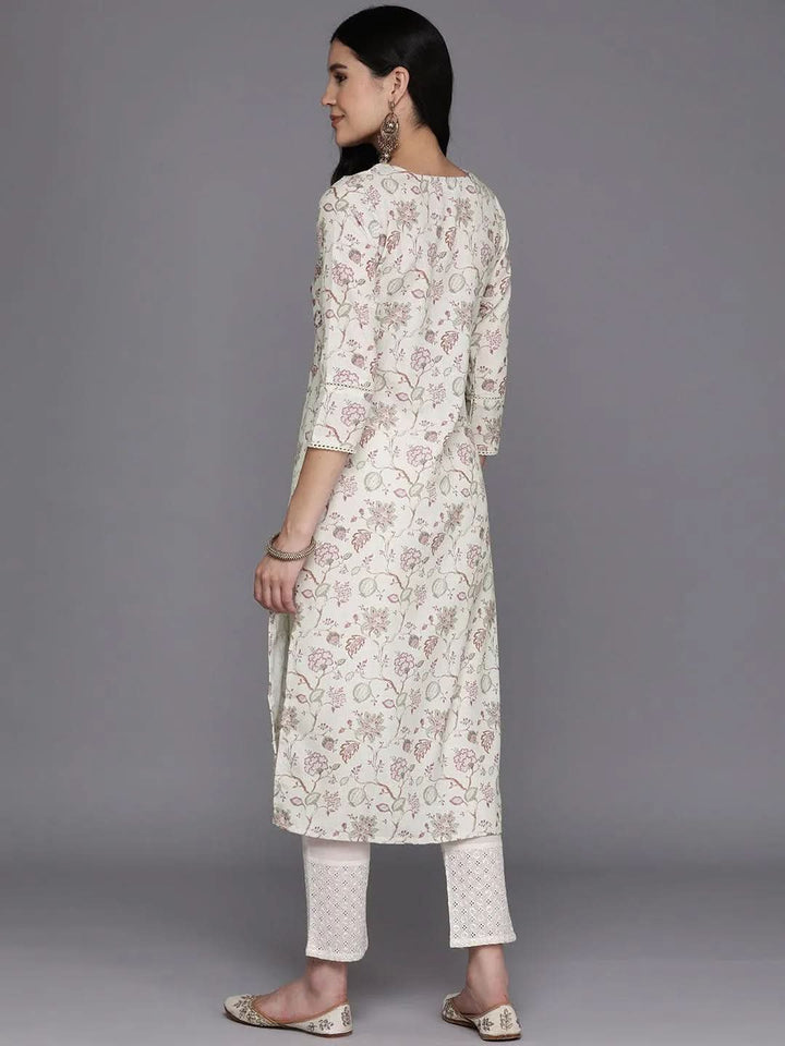 Off White Printed Cotton Straight Kurta - Libas