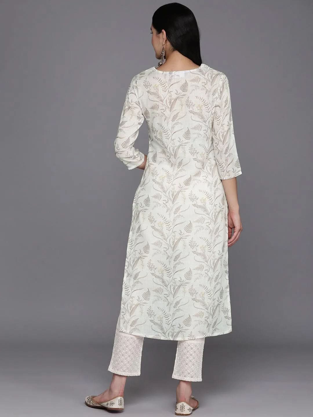 Off White Printed Cotton Straight Kurta - Libas 