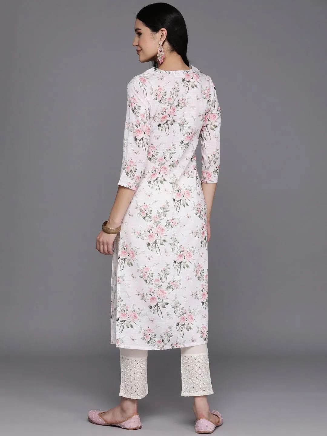 Off White Printed Cotton Straight Kurta - Libas 