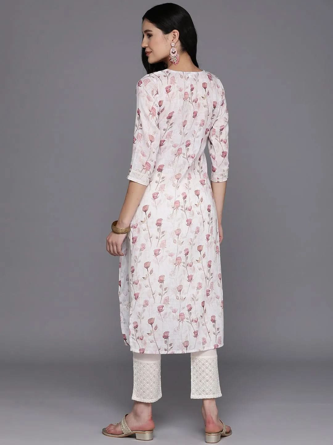 Off White Printed Cotton Straight Kurta - Libas 
