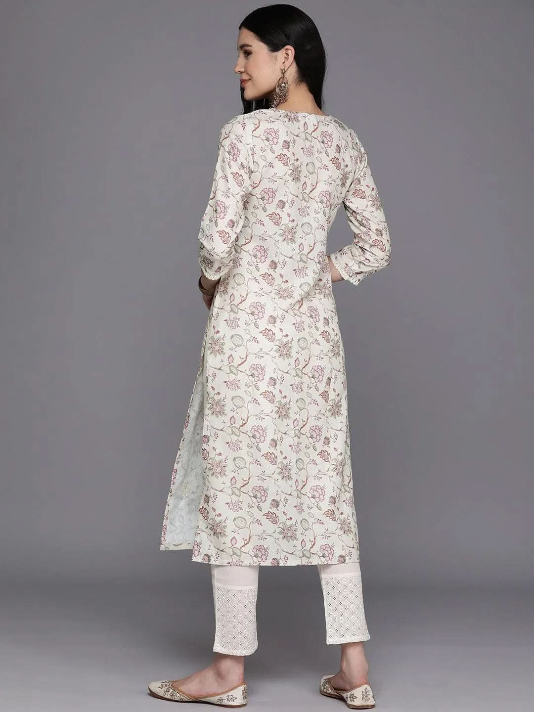 Off White Printed Cotton Straight Kurta - Libas