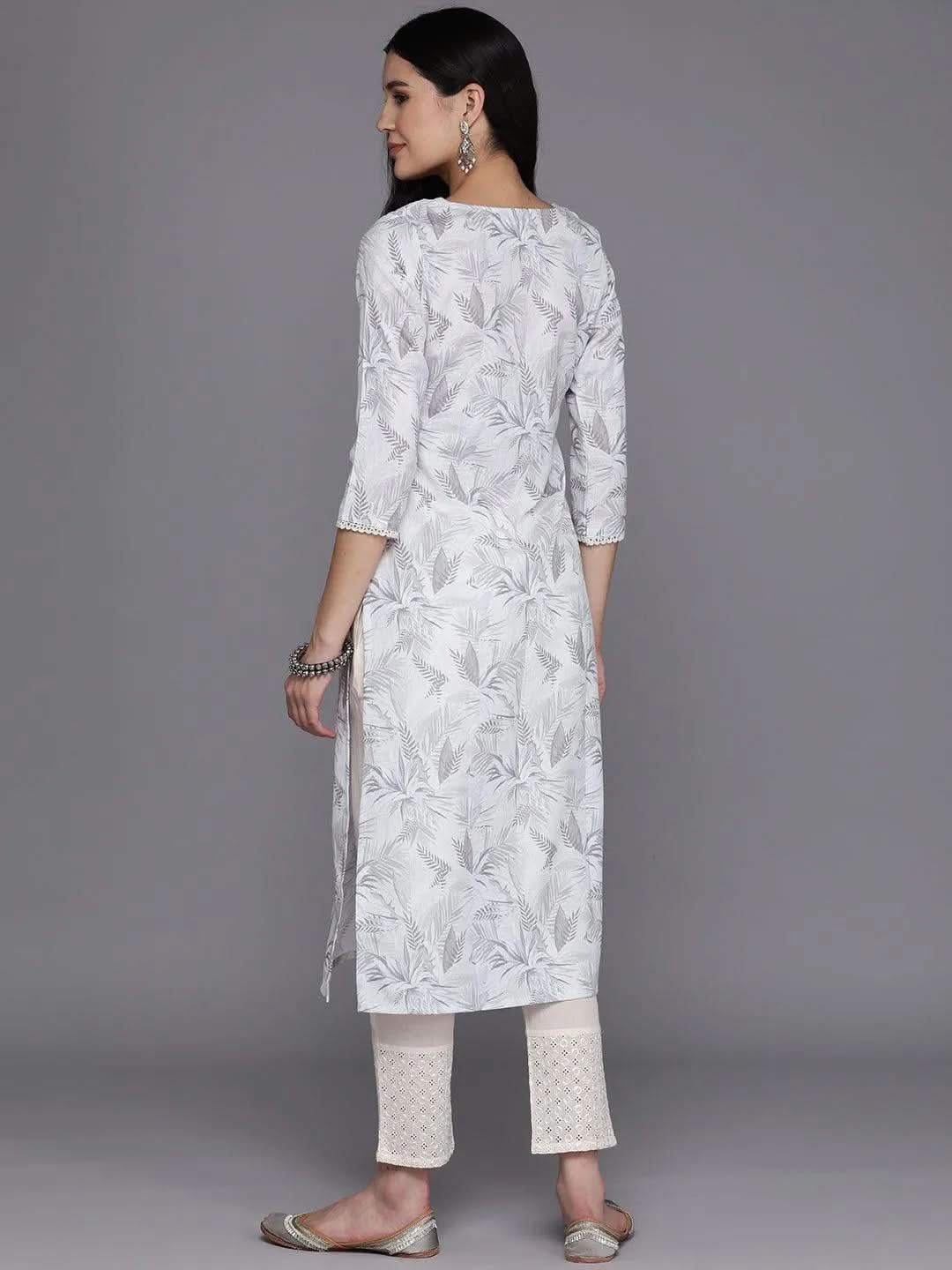 Off White Printed Cotton Straight Kurta - Libas 