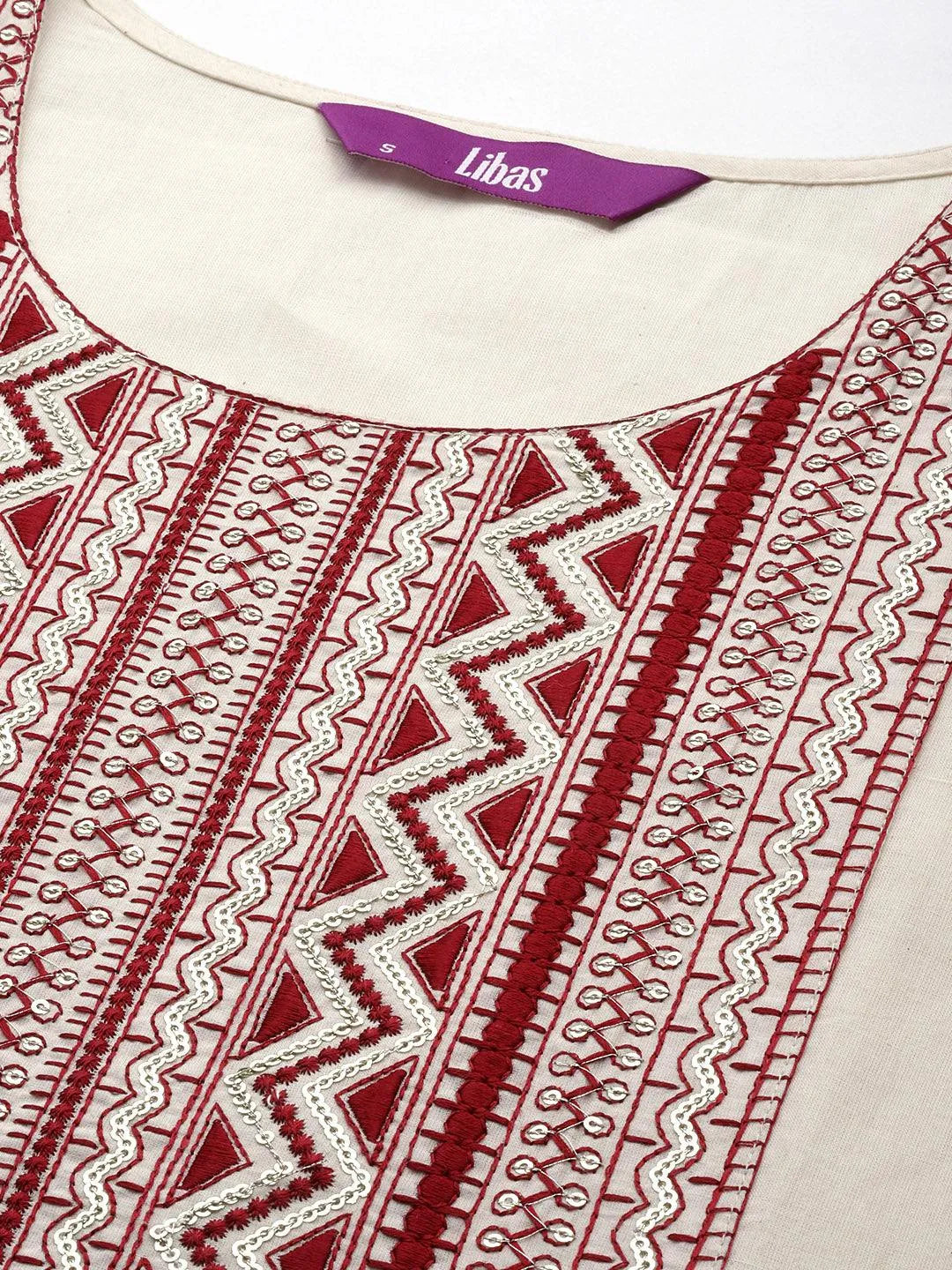 Off White Printed Cotton Straight Kurta - Libas 