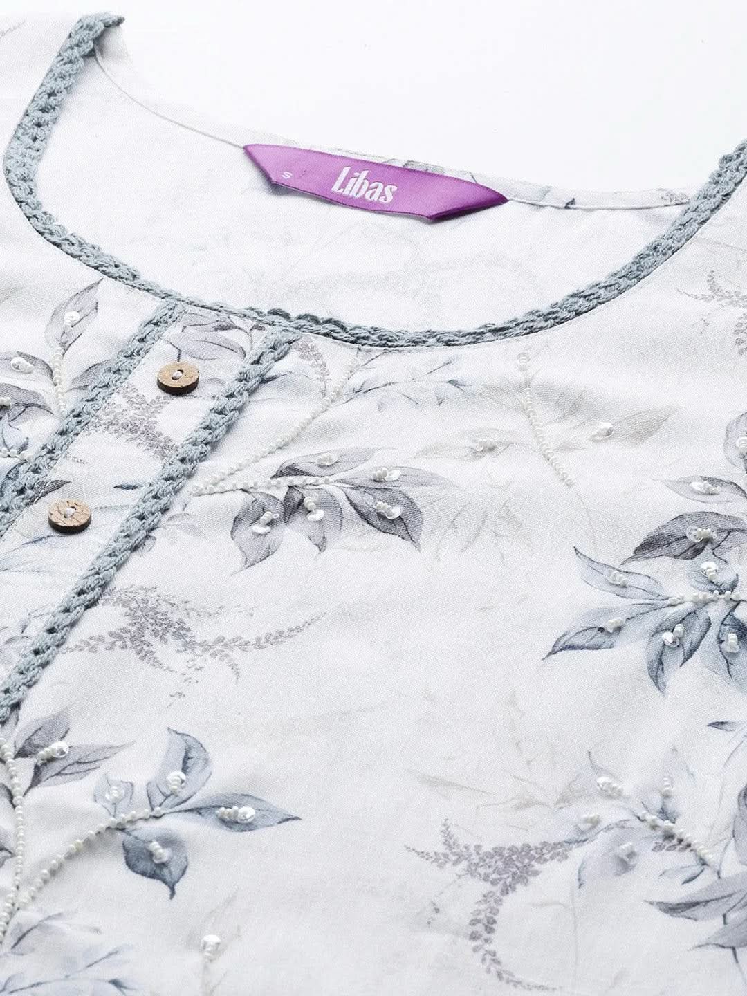Off White Printed Cotton Straight Kurta - Libas 