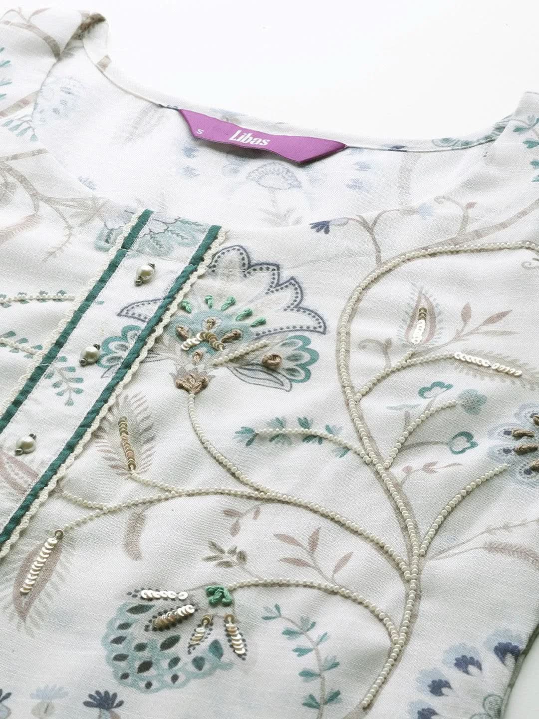 Off White Printed Cotton Straight Kurta - Libas 