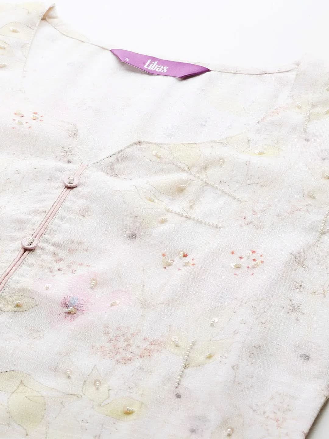 Off White Printed Cotton Straight Kurta - Libas 