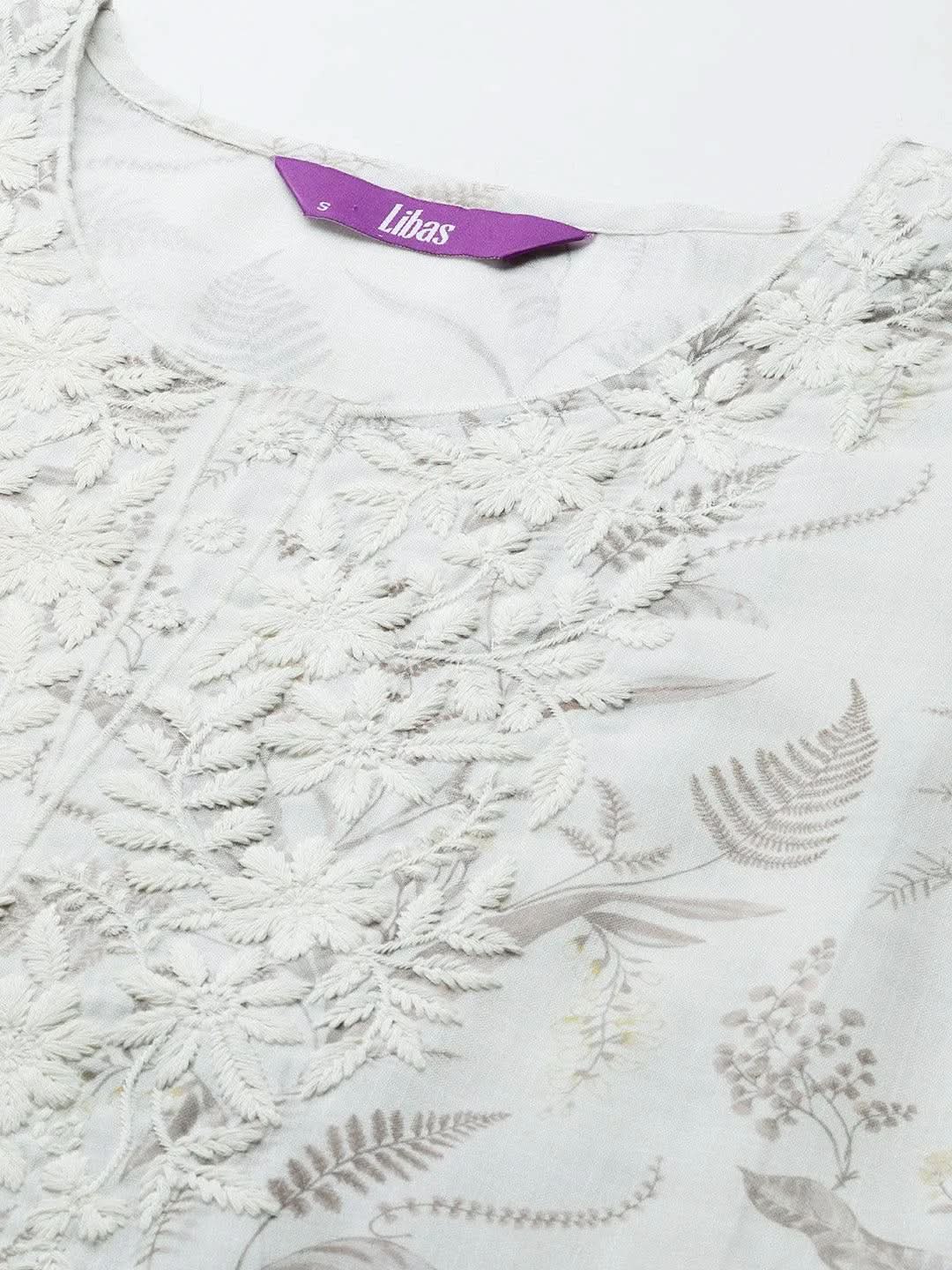 Off White Printed Cotton Straight Kurta - Libas 