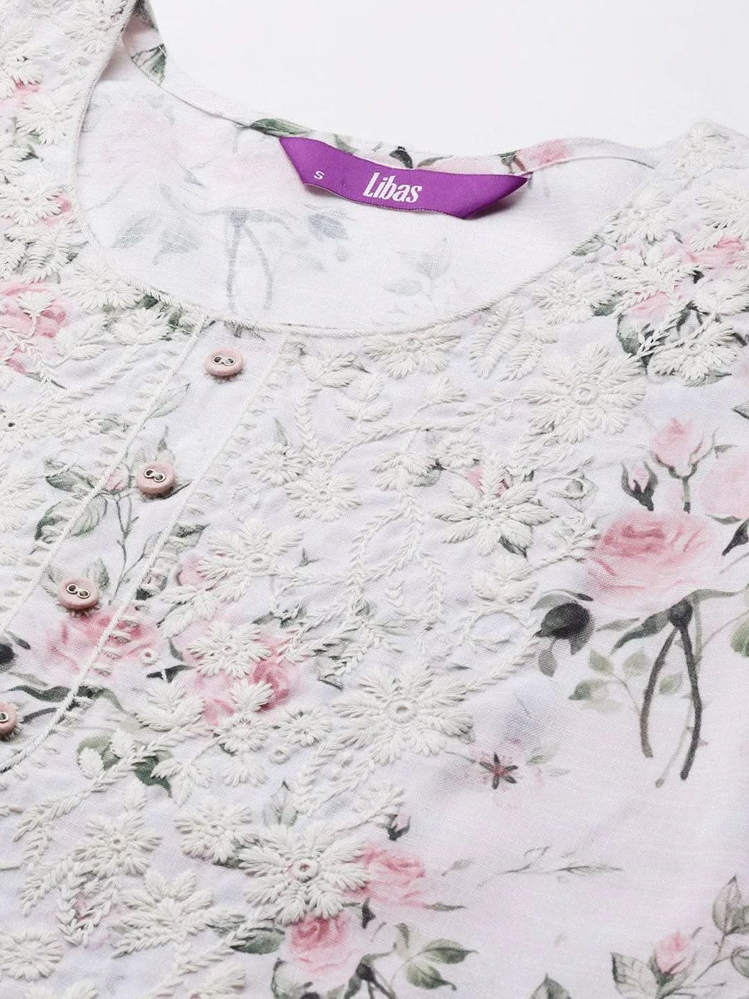 Off White Printed Cotton Straight Kurta - Libas 
