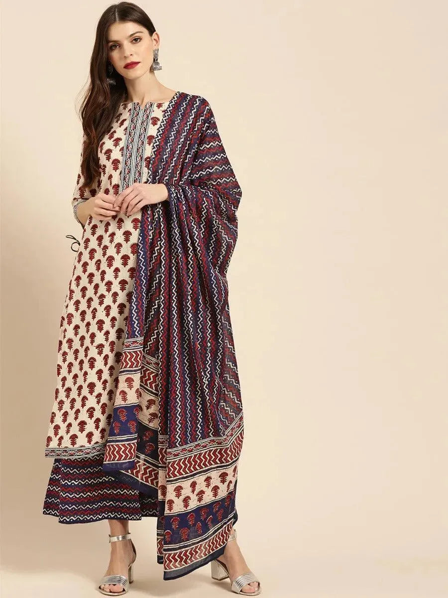 Off-White Printed Cotton Suit Set - Libas