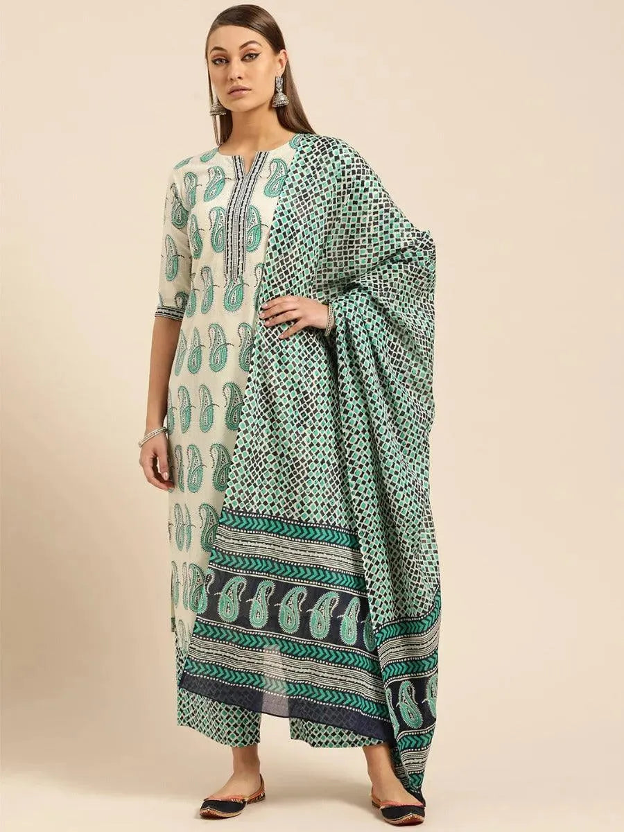 Off-White Printed Cotton Suit Set - Libas