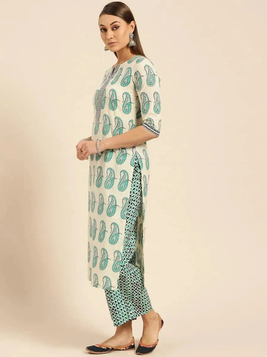 Off-White Printed Cotton Suit Set - Libas 
