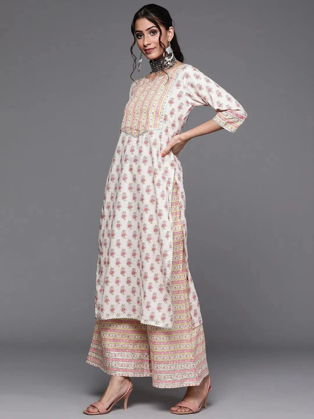 Off White Printed Cotton Suit Set - Libas