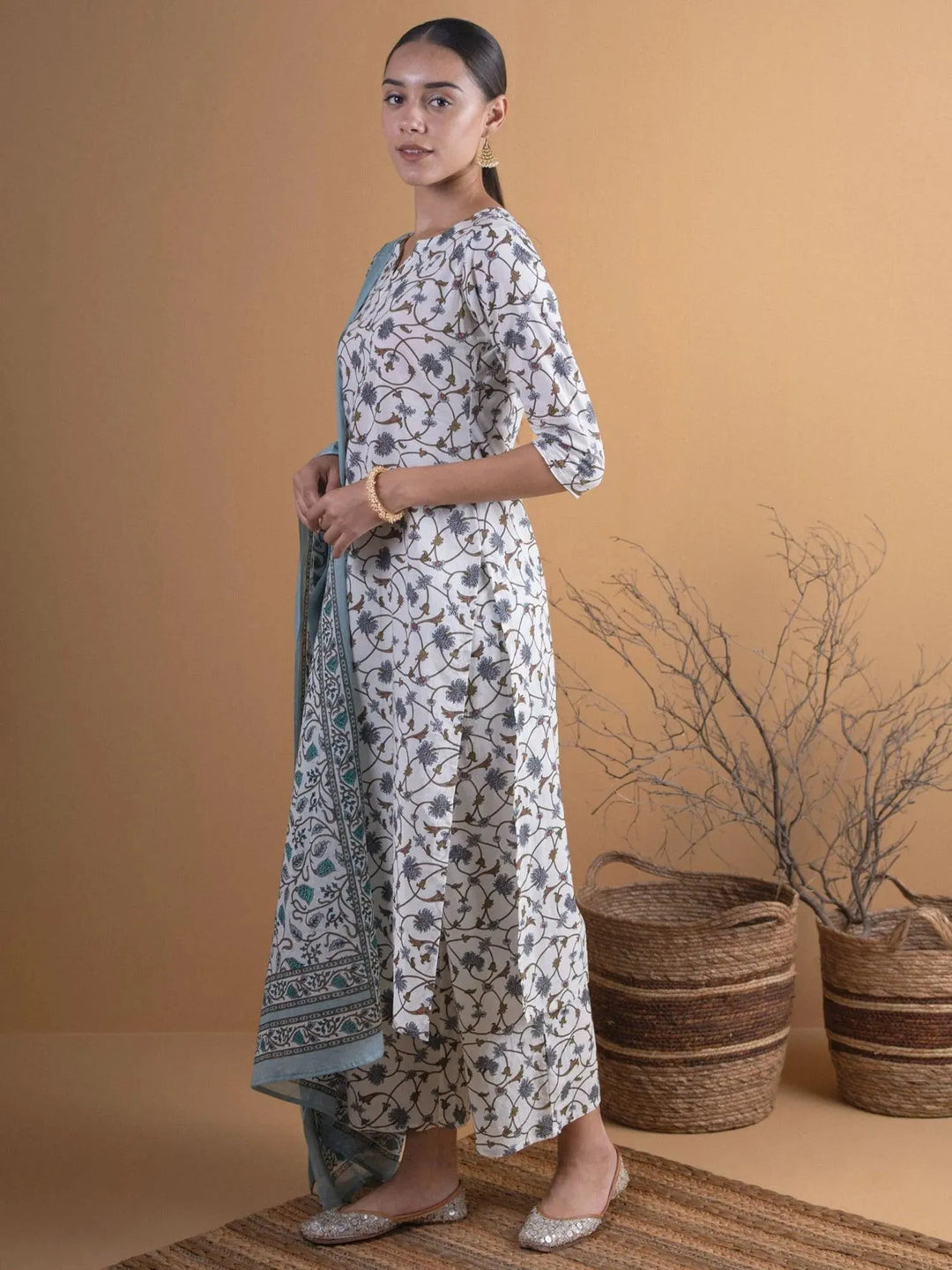 Off-White Printed Cotton Suit Set - Libas