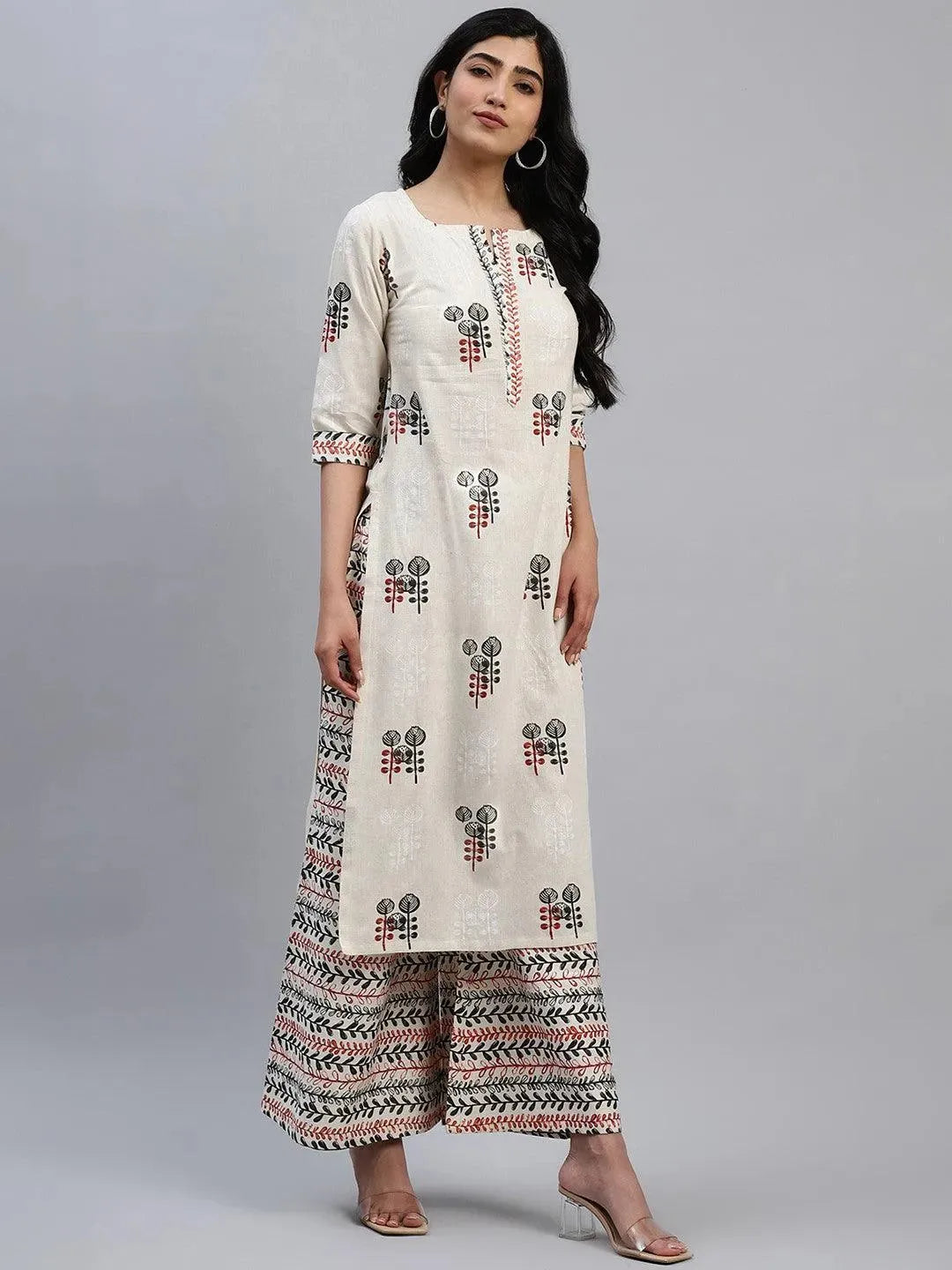 Off-White Printed Cotton Kurta Set - Libas 
