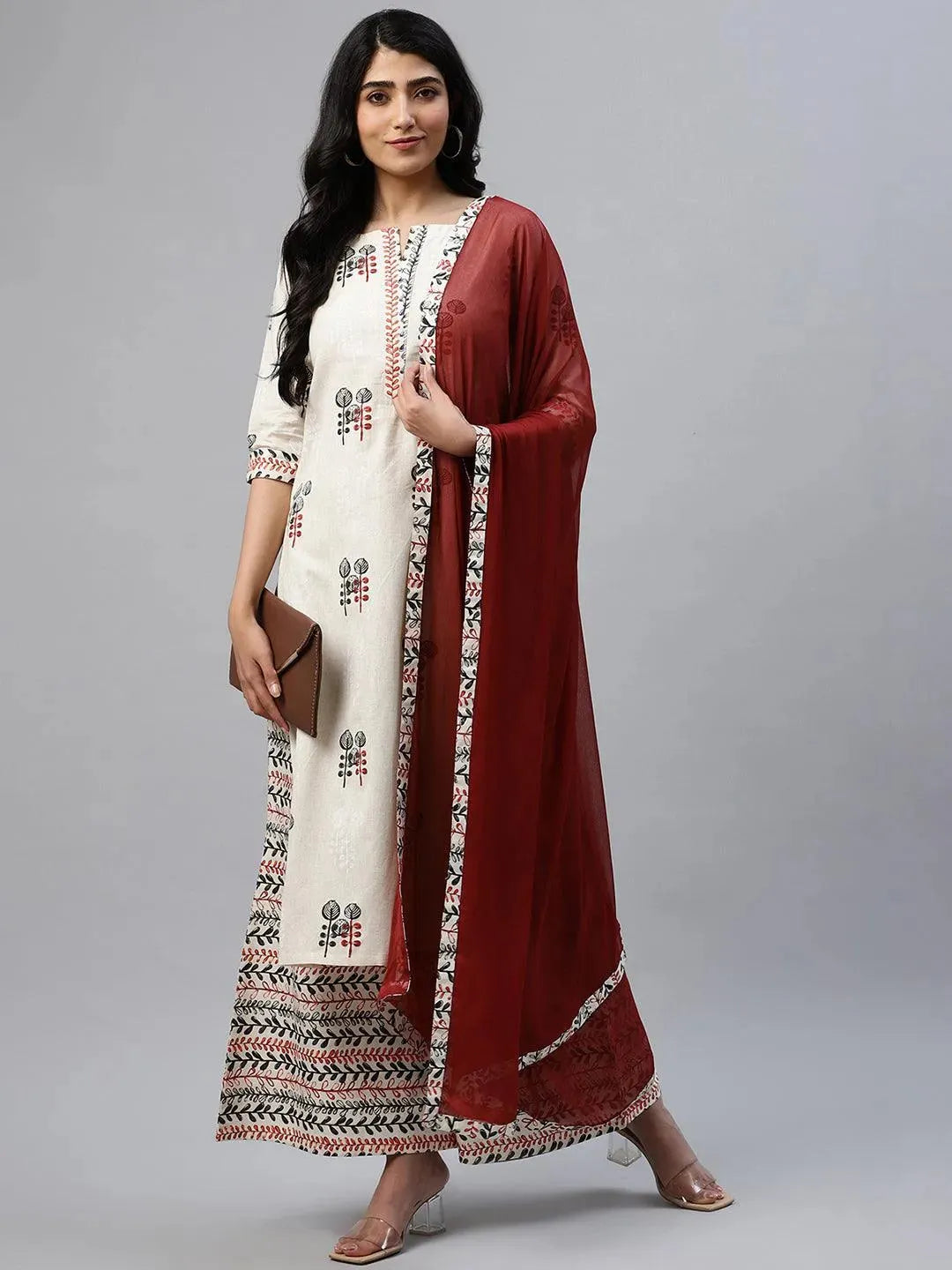 Off-White Printed Cotton Kurta Set - Libas 