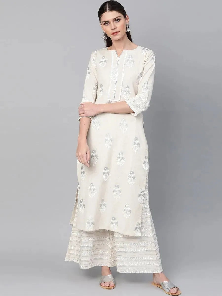 Off-White Printed Cotton Kurta Set - Libas