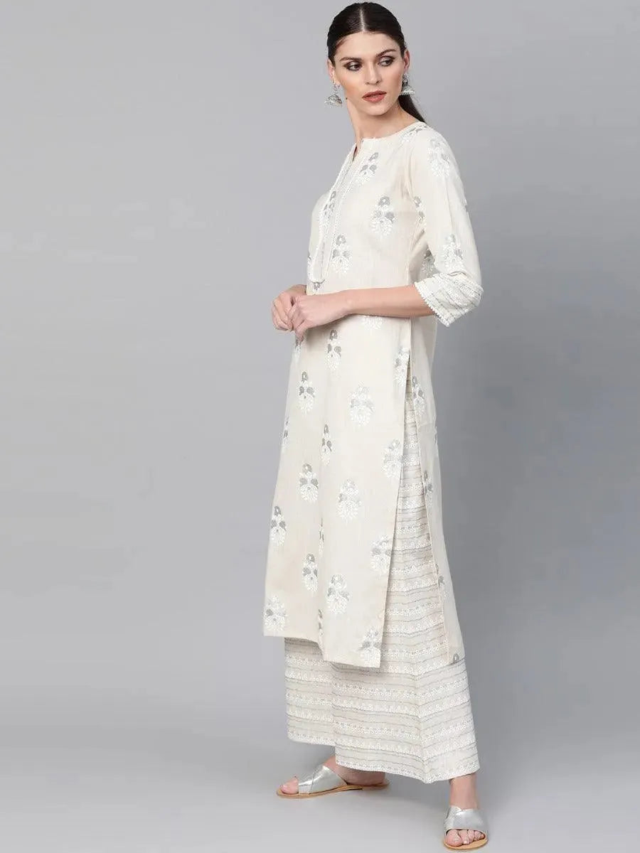 

Off-White Printed Cotton Straight Kurta With Palazzos