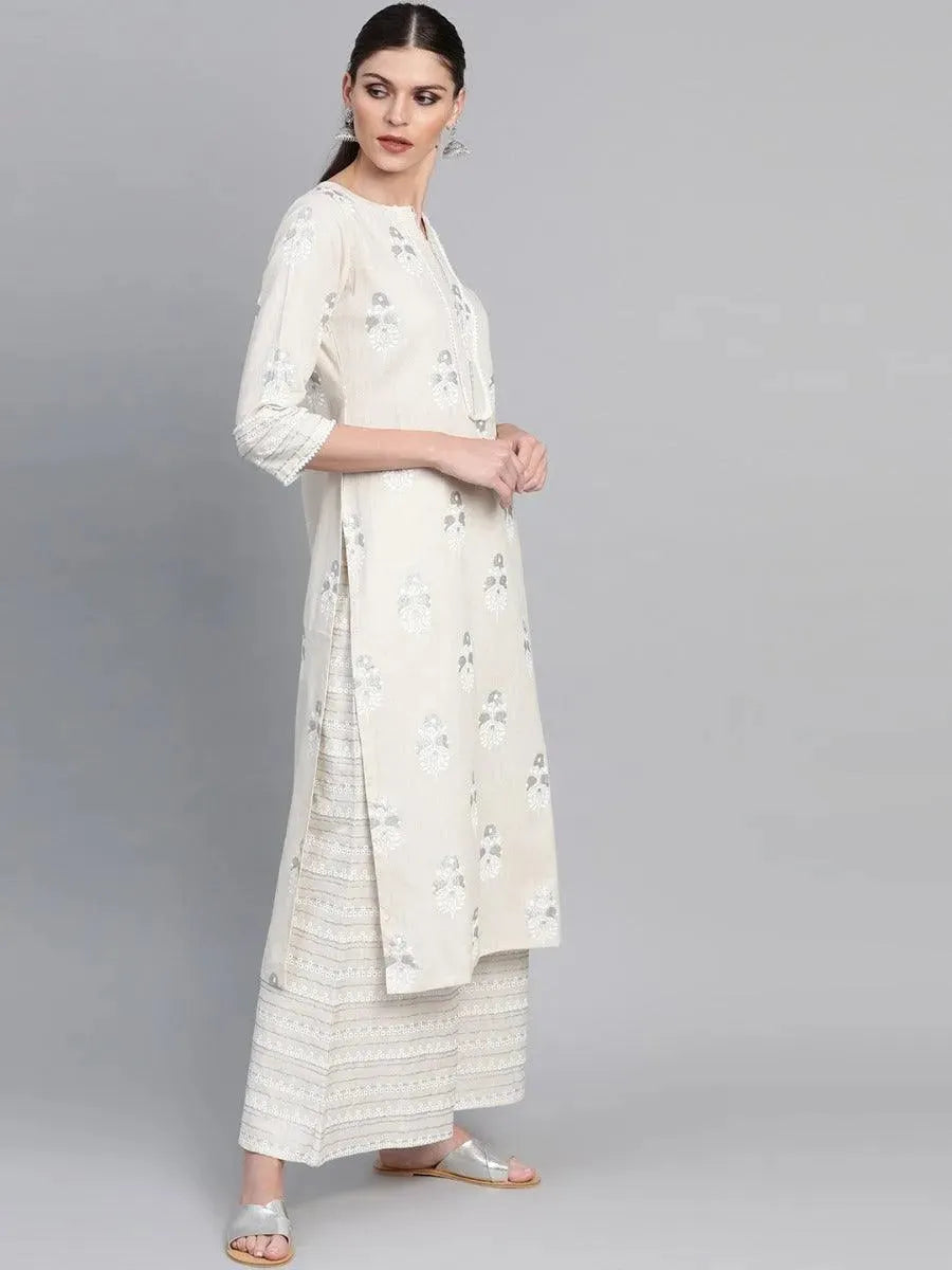 Off-White Printed Cotton Kurta Set - Libas 
