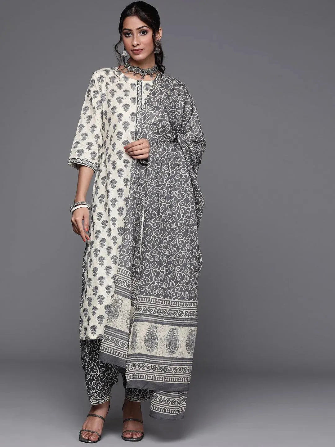 Off White Printed Cotton Suit Set - Libas