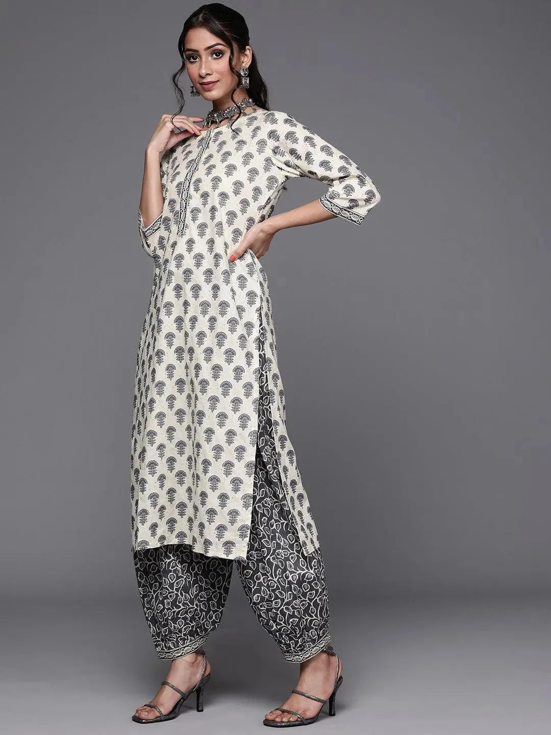 Off White Printed Cotton Suit Set - Libas