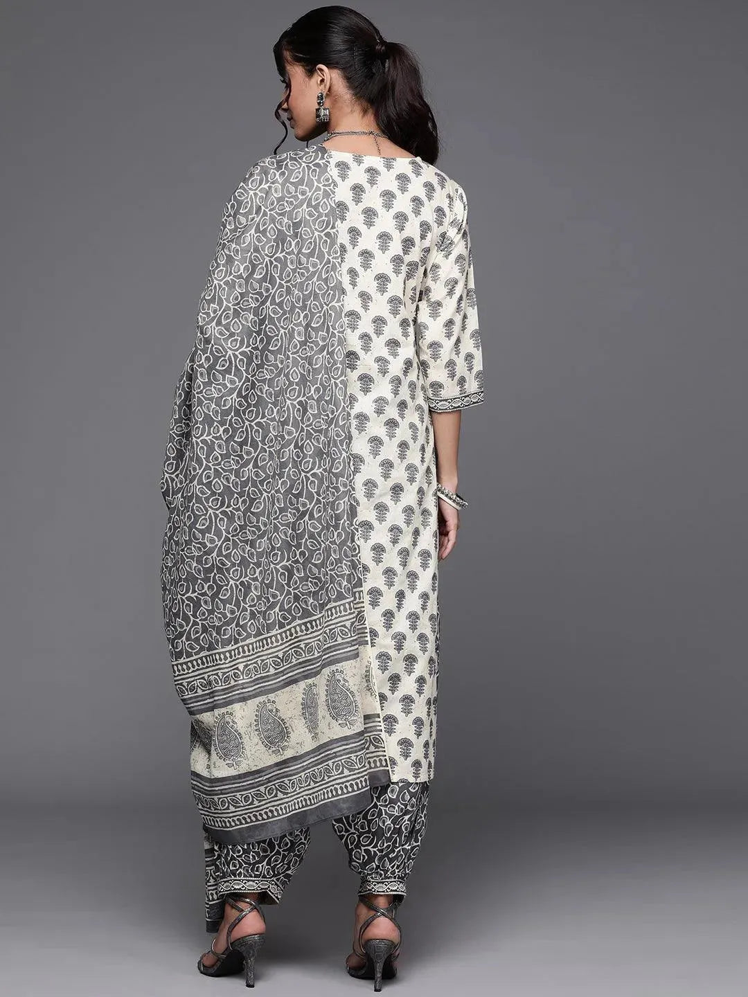 Off White Printed Cotton Suit Set - Libas