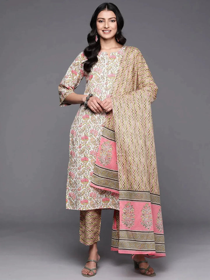 Off White Printed Cotton Straight Suit Set With Trousers - Libas