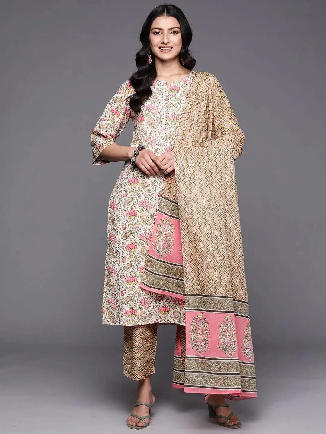 

Off-White Printed Cotton Straight Kurta With Trousers & Dupatta