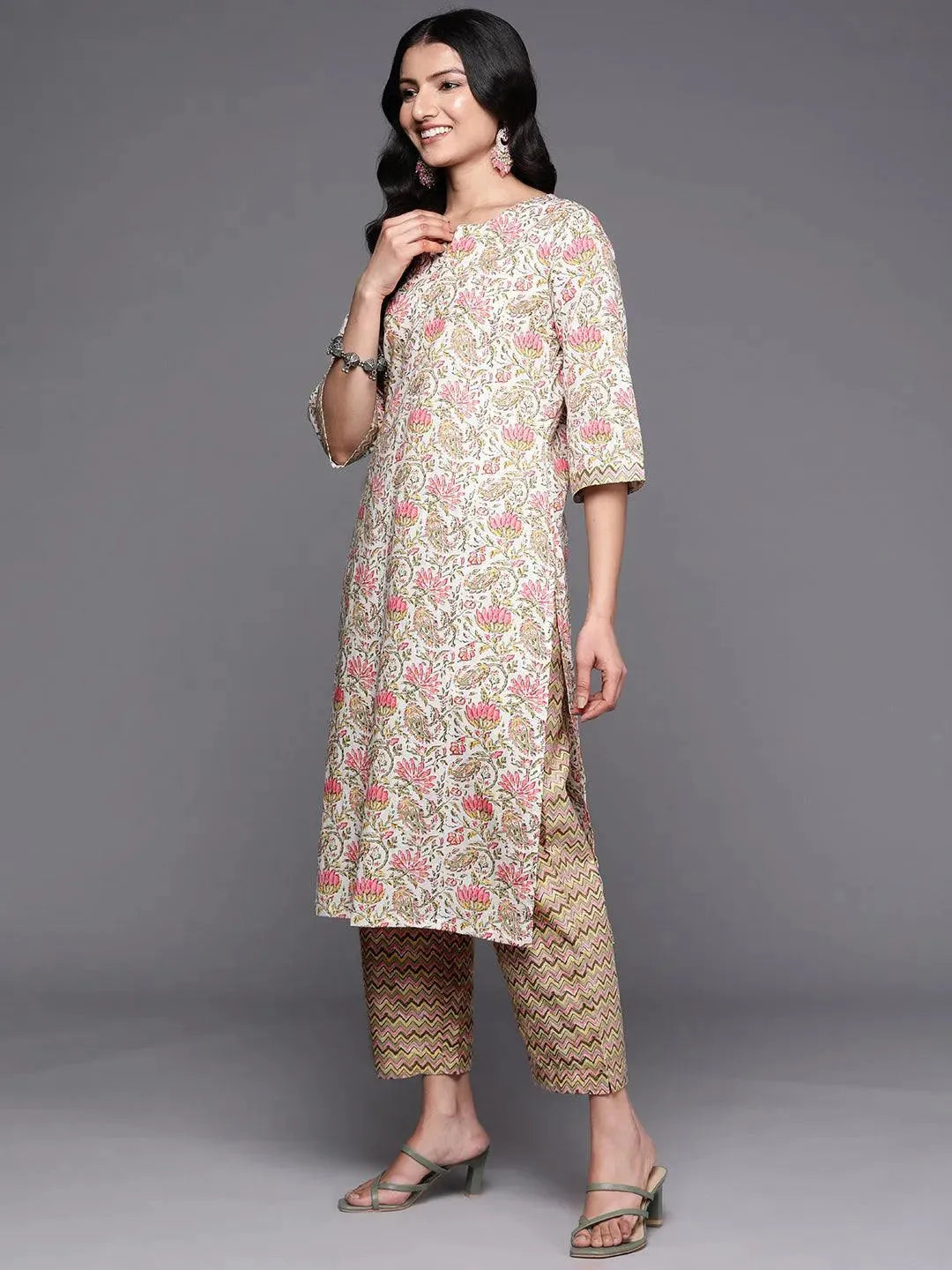 Off White Printed Cotton Straight Suit Set With Trousers - Libas 