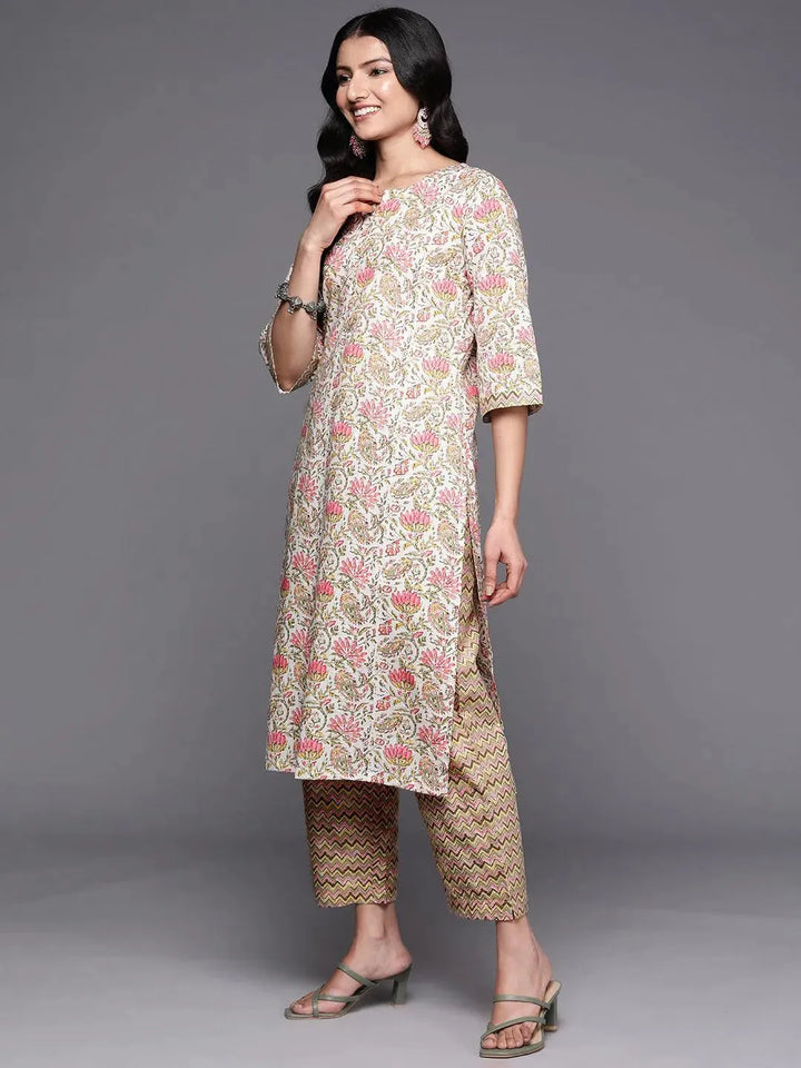 Off White Printed Cotton Straight Suit Set With Trousers - Libas