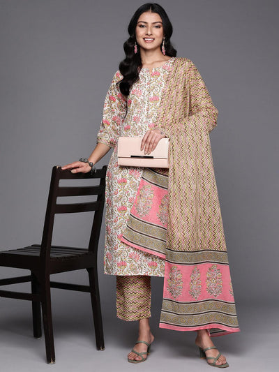 Off White Printed Cotton Straight Suit Set With Trousers - Libas