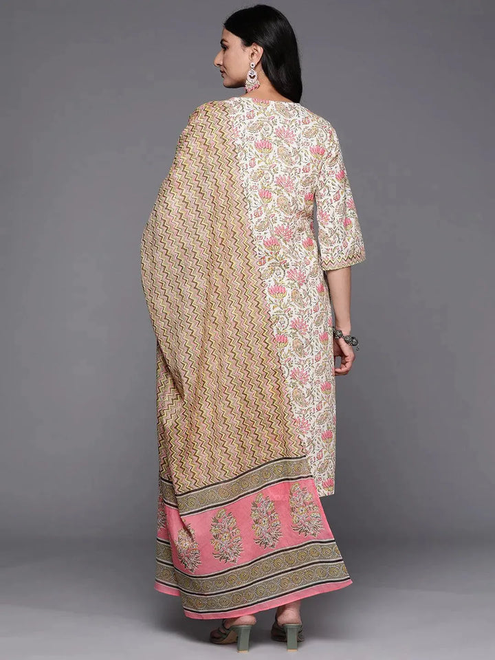 Off White Printed Cotton Straight Suit Set With Trousers - Libas