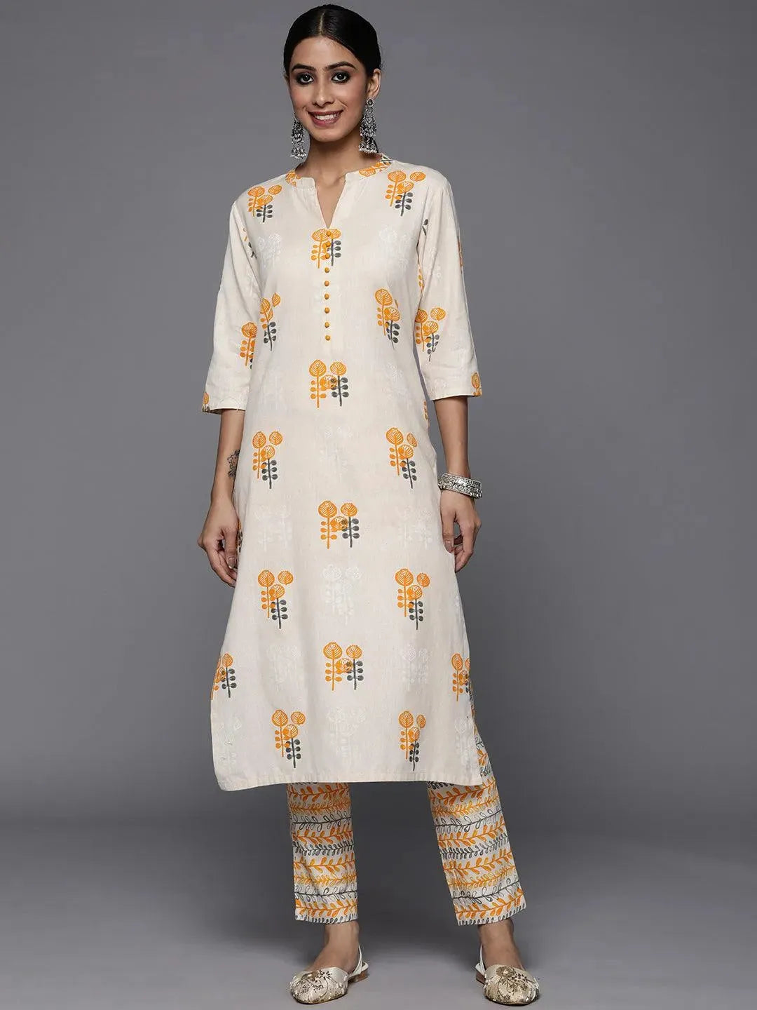 Off White Printed Cotton Straight Kurta Set - Libas 