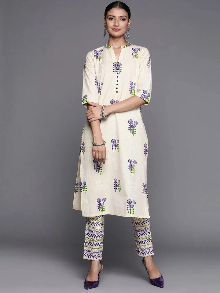Off White Printed Cotton Straight Kurta Set - Libas