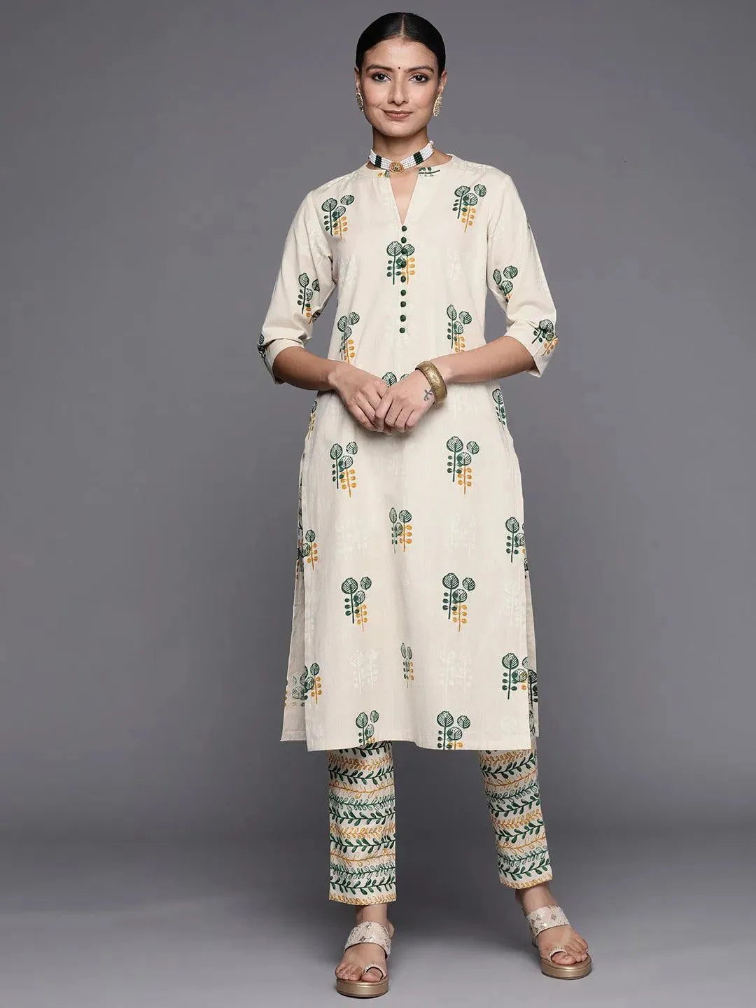 Off White Printed Cotton Straight Kurta Set - Libas