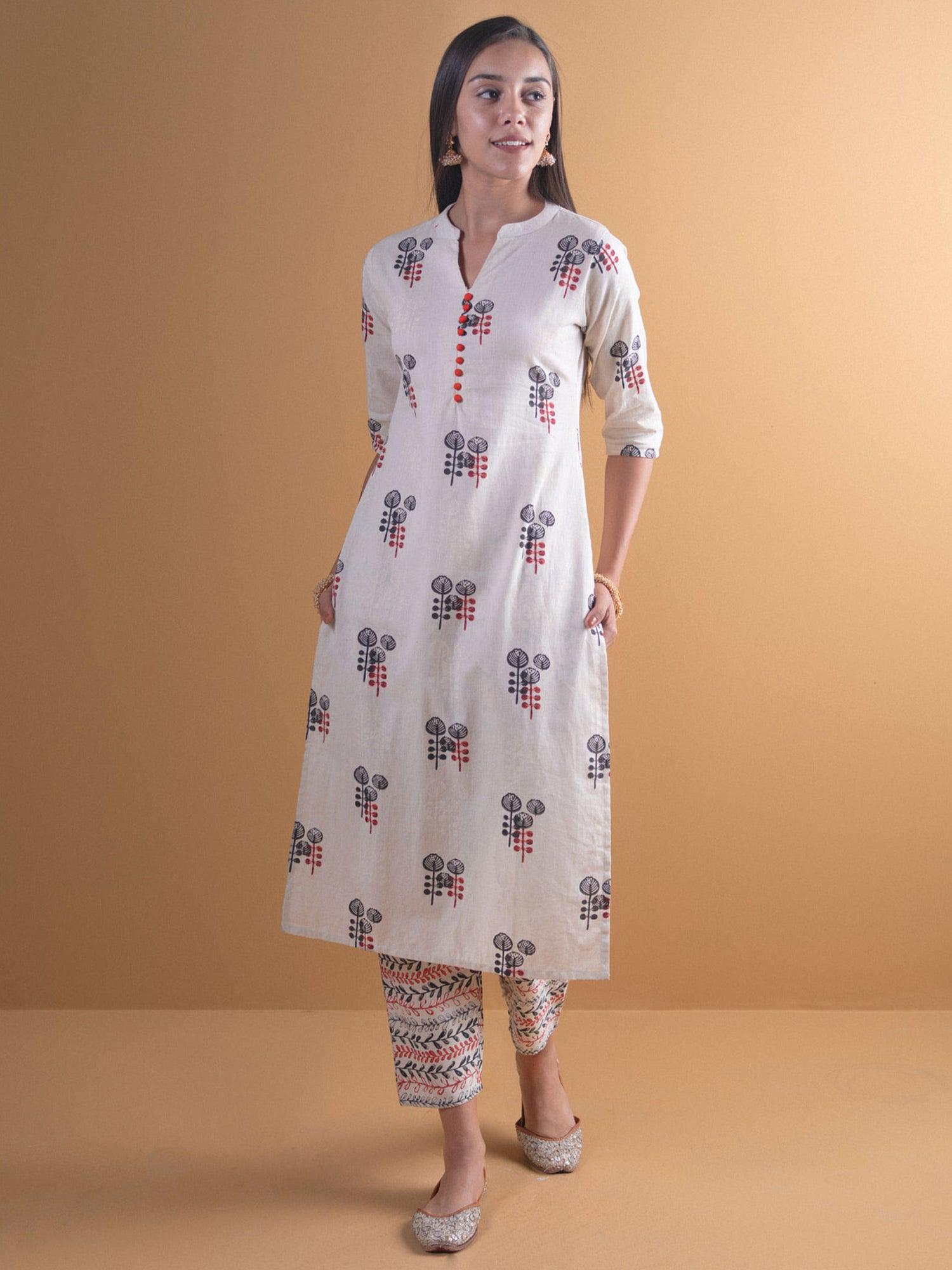 Off-White Printed Cotton Straight Kurta With Trousers