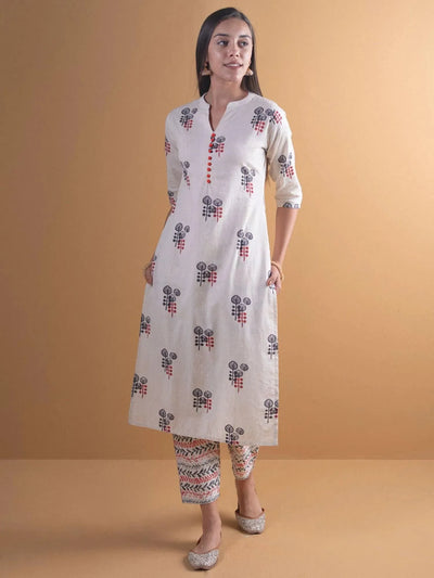 Off-White Printed Cotton Kurta Set - Libas