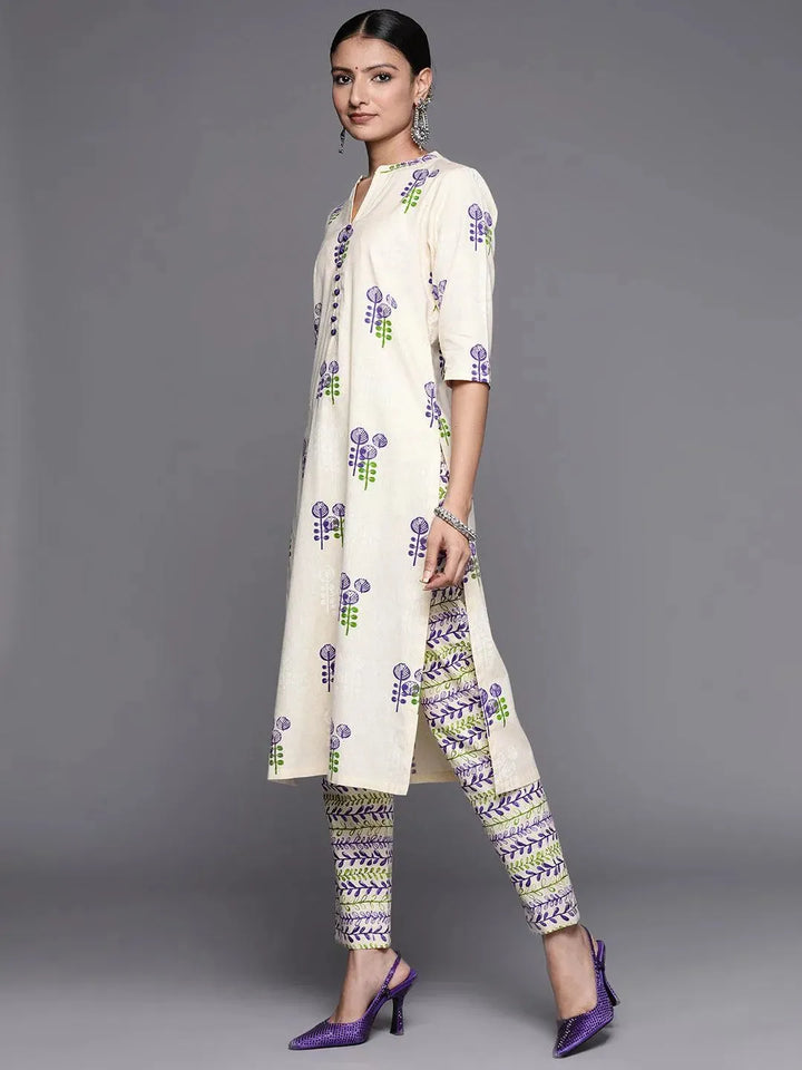 Off White Printed Cotton Straight Kurta Set - Libas