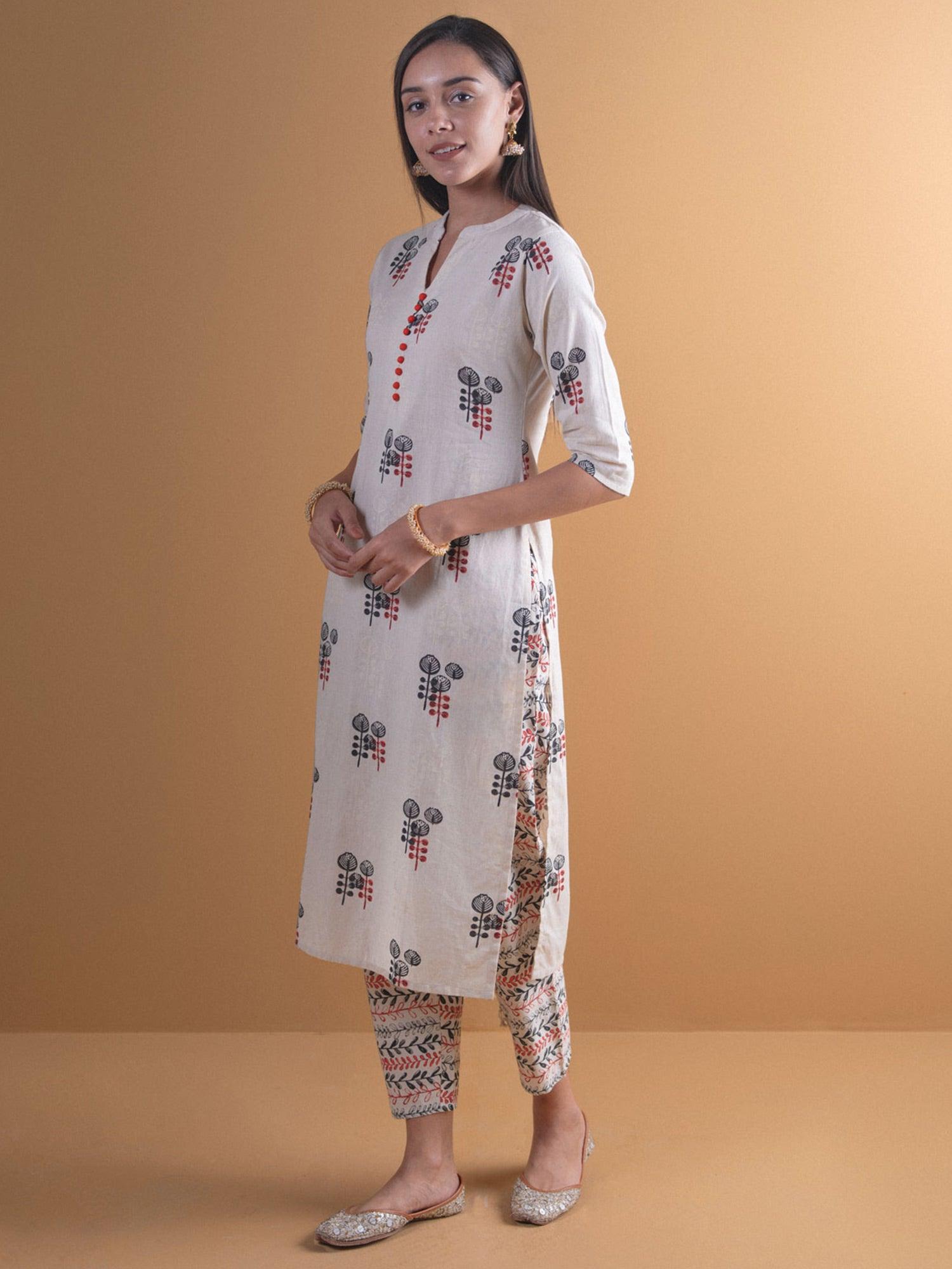 Off-White Printed Cotton Straight Kurta With Trousers