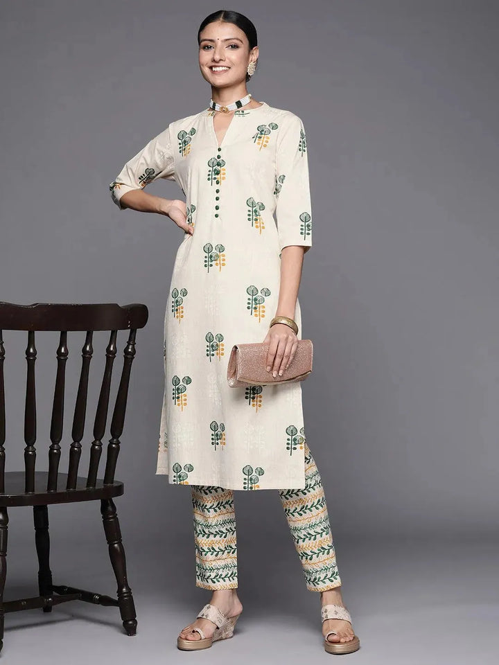 Off White Printed Cotton Straight Kurta Set - Libas