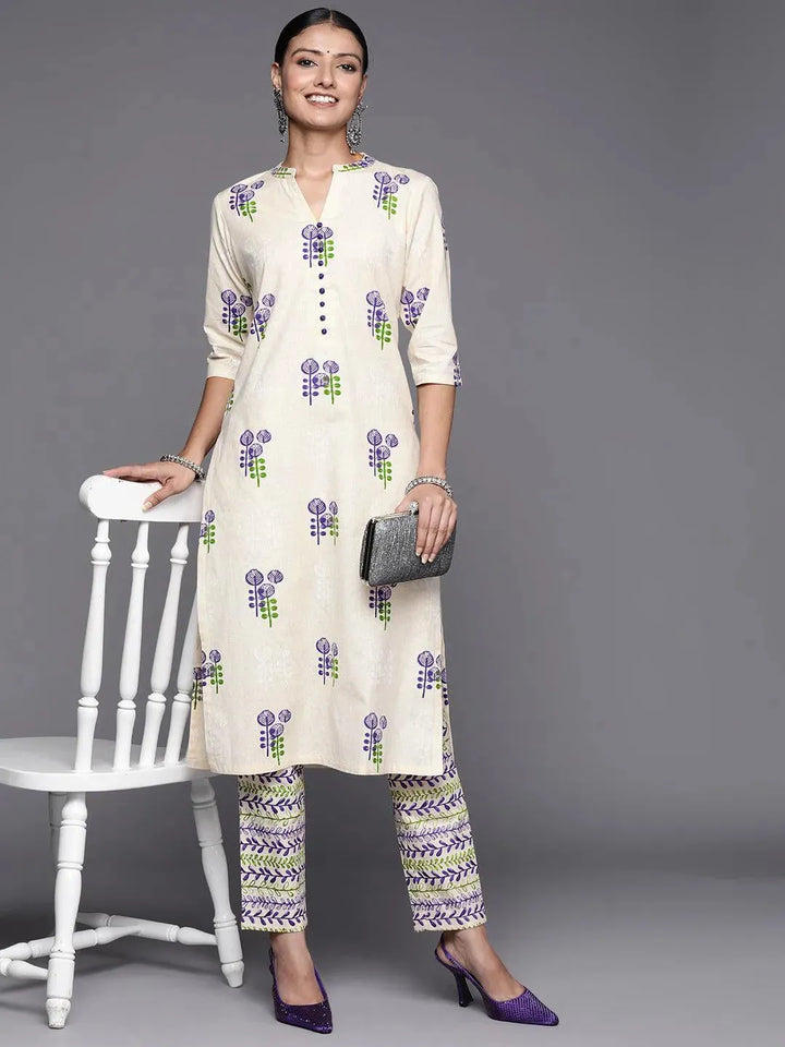 Off White Printed Cotton Straight Kurta Set - Libas