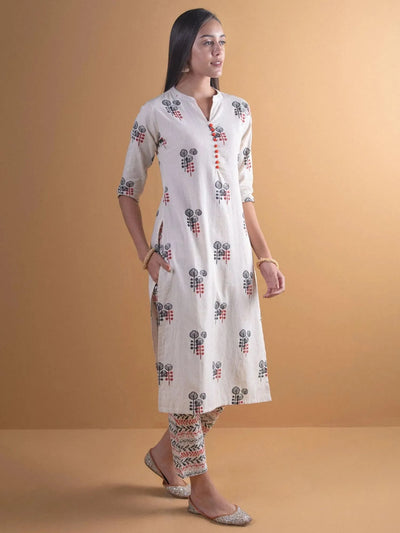 Off-White Printed Cotton Kurta Set - Libas