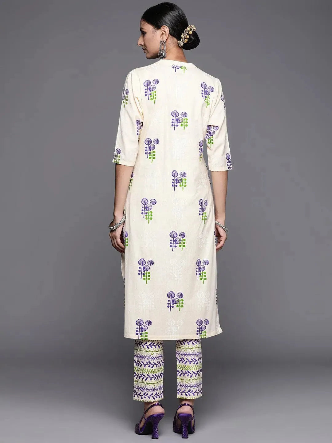 Off White Printed Cotton Straight Kurta Set - Libas 