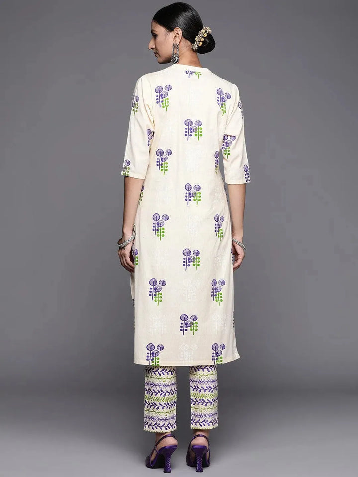 Off White Printed Cotton Straight Kurta Set - Libas